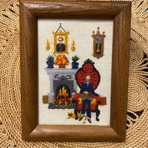 Vintage 1980 Crewel Fireside Gent Cats Framed Art Dimensions 6059 Completed Cat